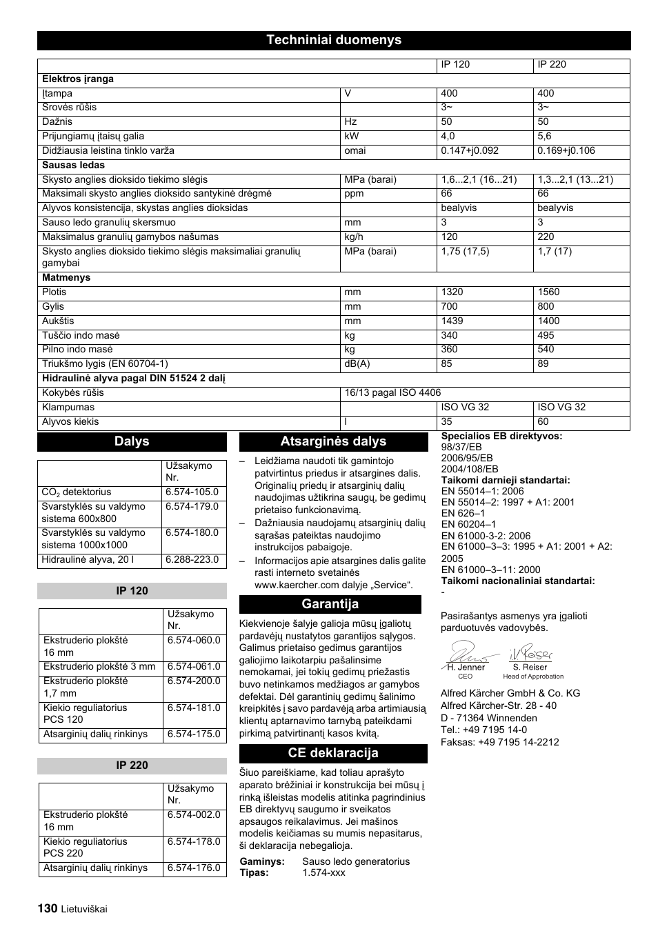 Techniniai duomenys, Dalys, Atsarginės dalys garantija ce deklaracija | Karcher IP 120 User Manual | Page 130 / 157