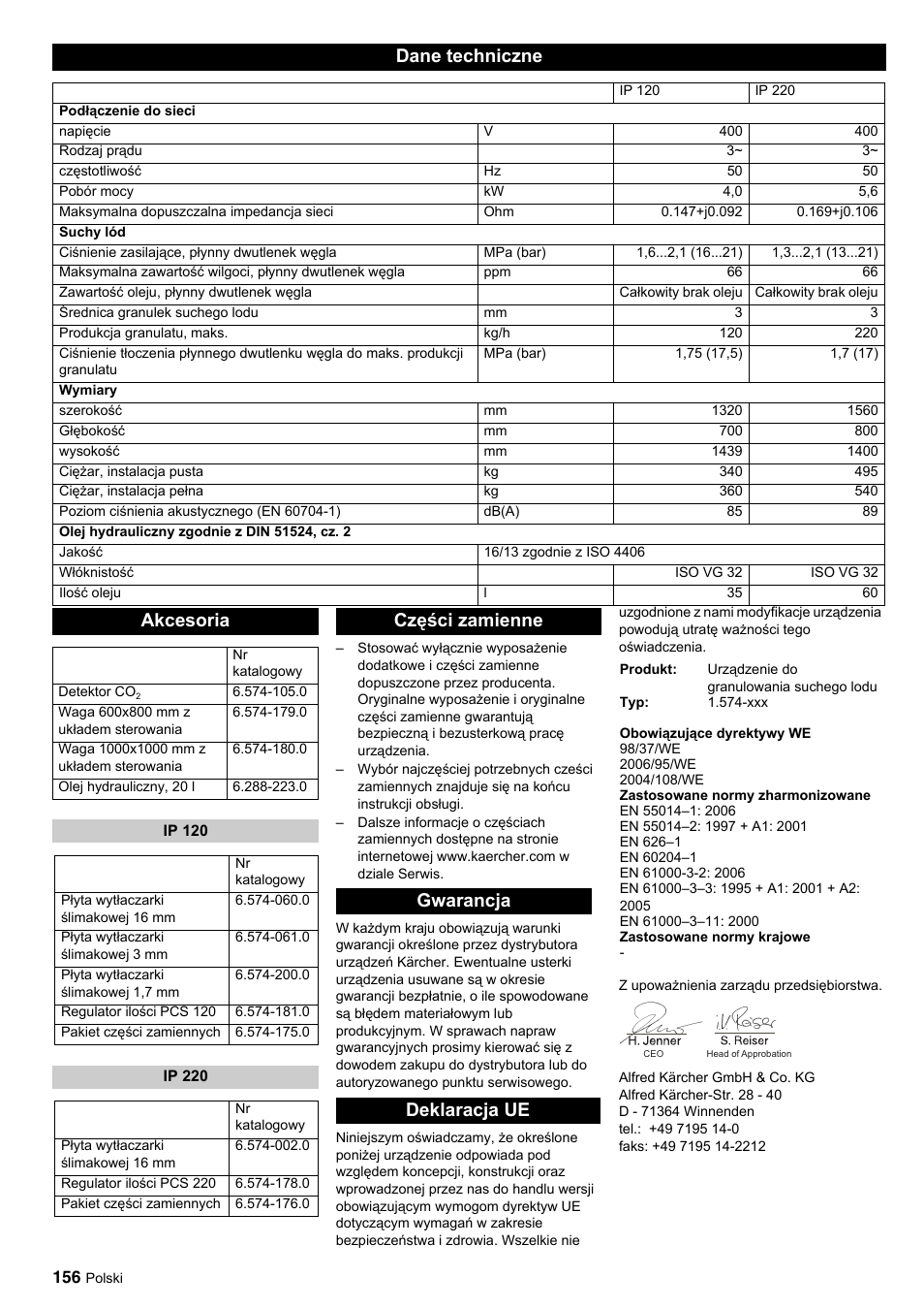 Dane techniczne, Akcesoria, Części zamienne gwarancja deklaracja ue | Karcher IP 120 User Manual | Page 156 / 157