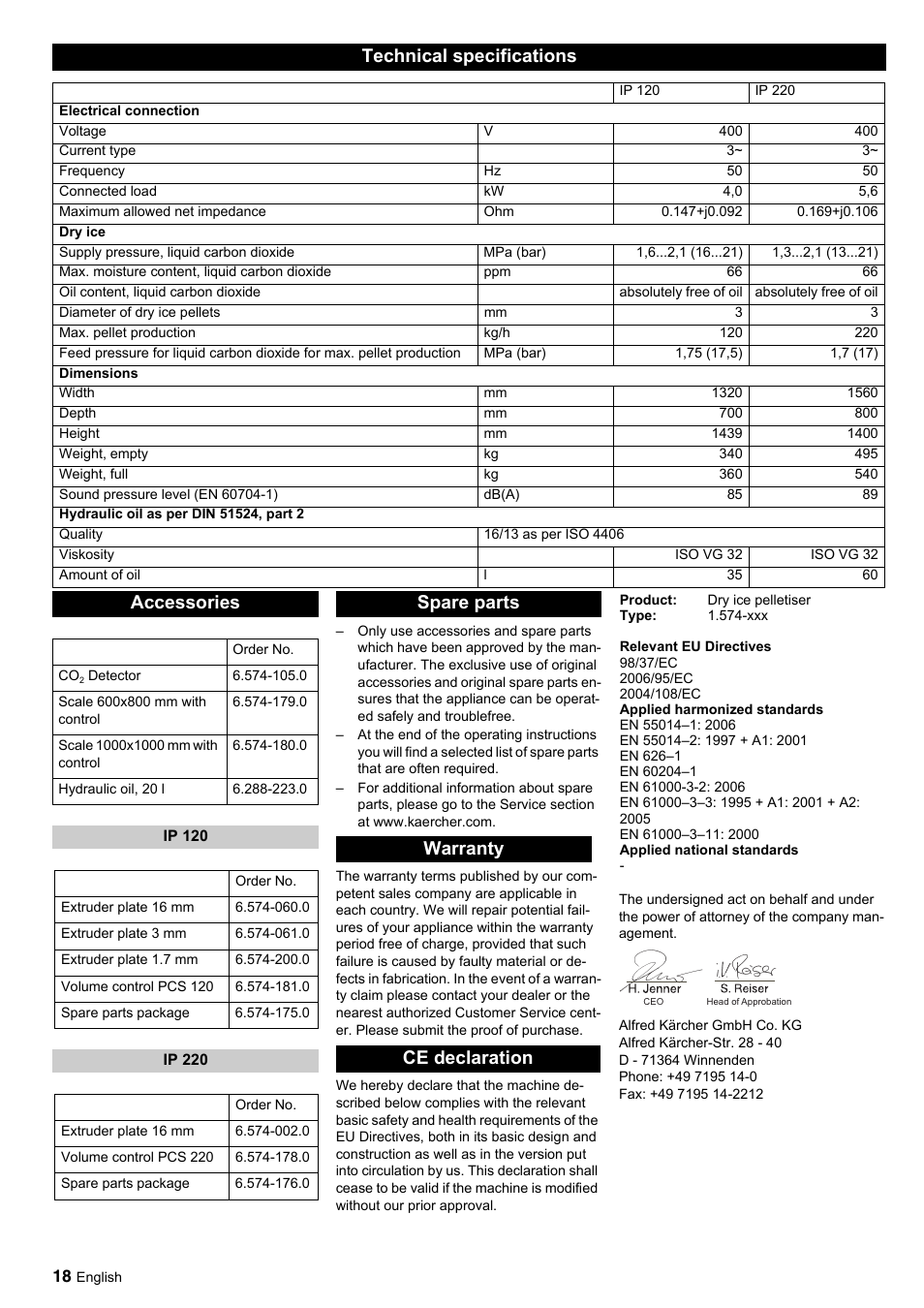 Technical specifications, Accessories, Spare parts warranty ce declaration | Karcher IP 120 User Manual | Page 18 / 157