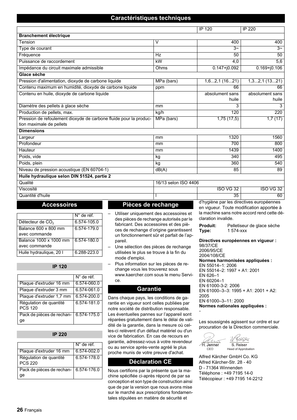 Caractéristiques techniques, Accessoires, Pièces de rechange garantie déclaration ce | Karcher IP 120 User Manual | Page 26 / 157