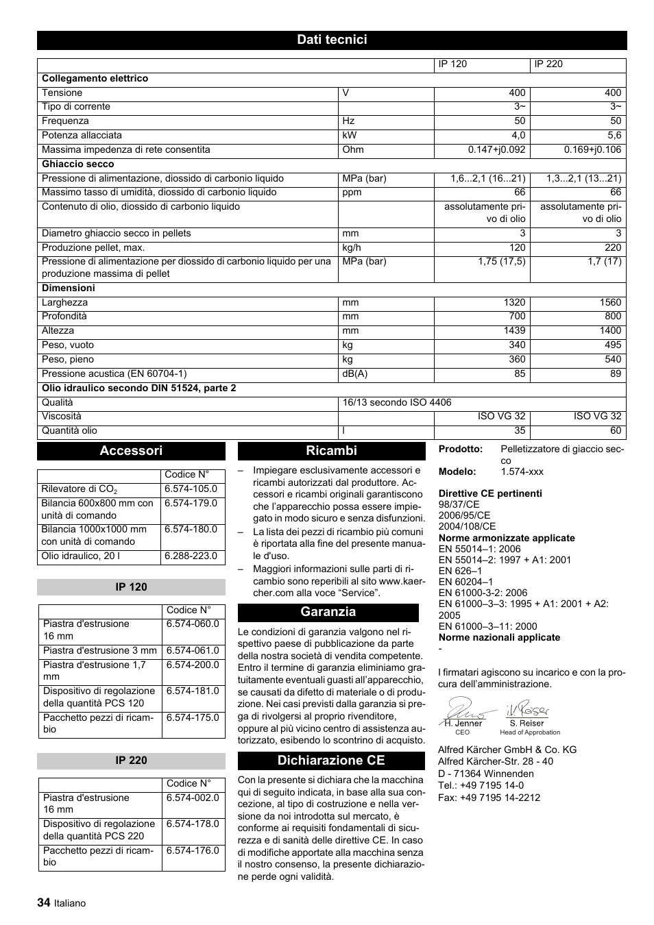 Dati tecnici, Accessori, Ricambi garanzia dichiarazione ce | Karcher IP 120 User Manual | Page 34 / 157