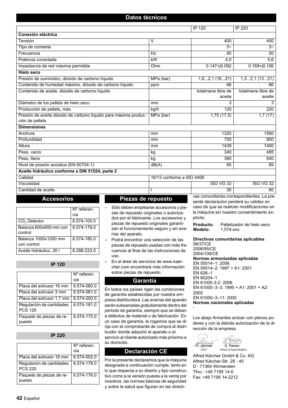 Datos técnicos, Accesorios, Piezas de repuesto garantía declaración ce | Karcher IP 120 User Manual | Page 42 / 157