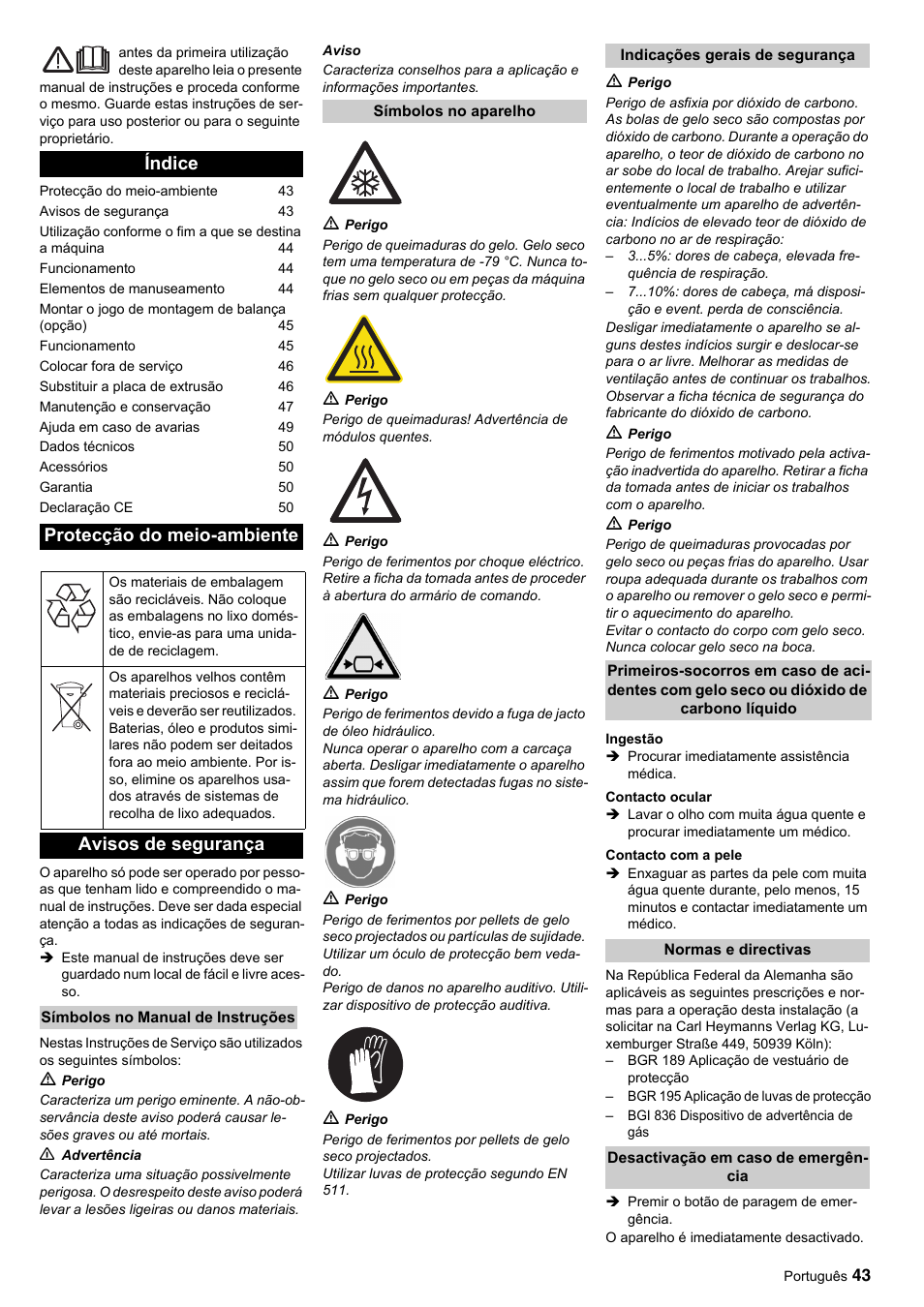 Índice protecção do meio-ambiente, Avisos de segurança | Karcher IP 120 User Manual | Page 43 / 157