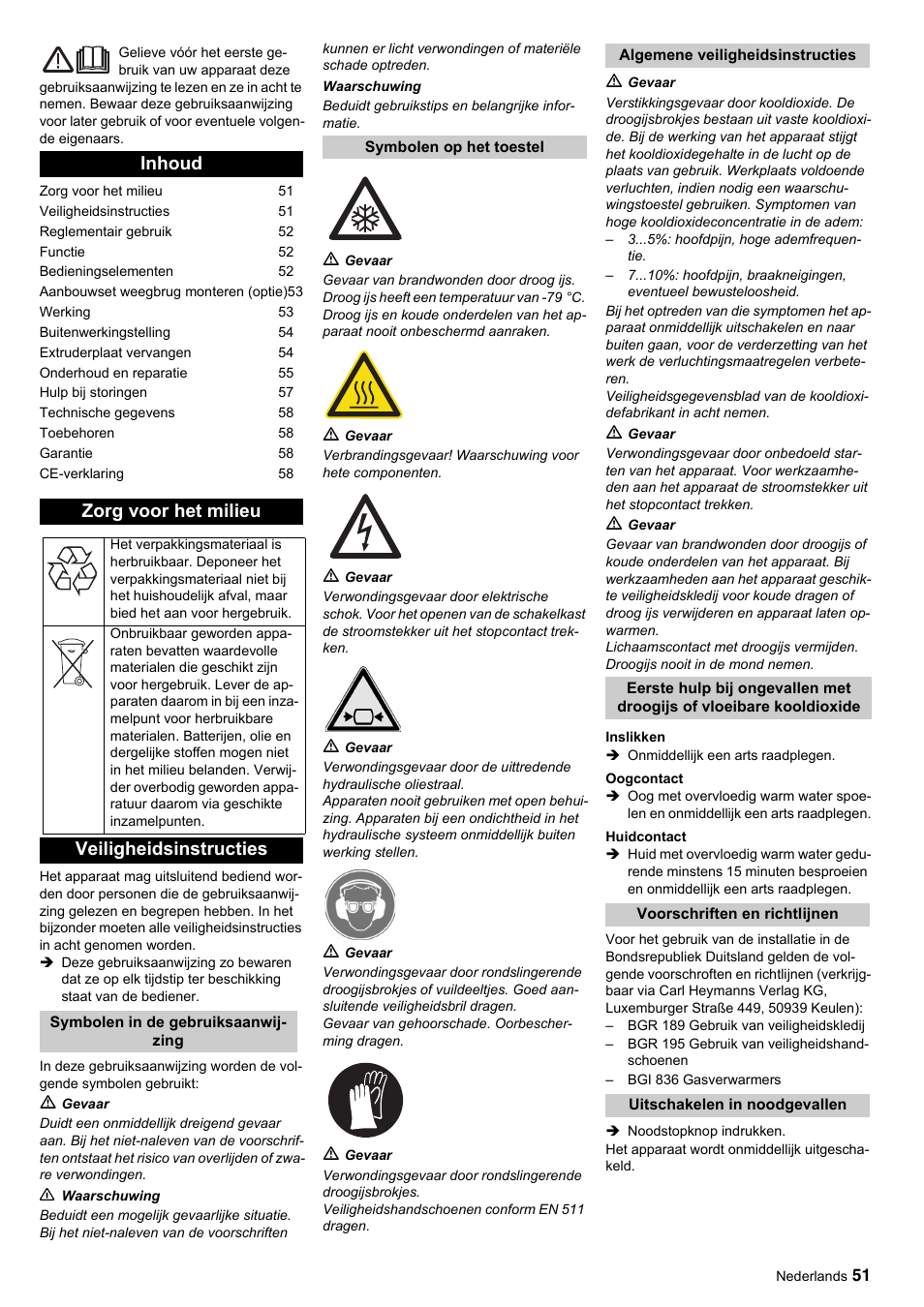 Inhoud zorg voor het milieu, Veiligheidsinstructies | Karcher IP 120 User Manual | Page 51 / 157