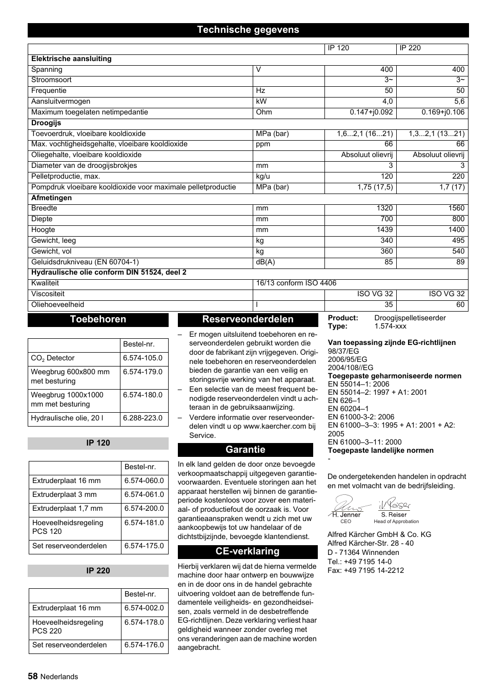 Technische gegevens, Toebehoren, Reserveonderdelen garantie ce-verklaring | Karcher IP 120 User Manual | Page 58 / 157