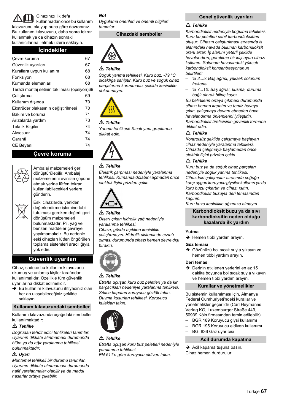 Içindekiler çevre koruma, Güvenlik uyarıları | Karcher IP 120 User Manual | Page 67 / 157