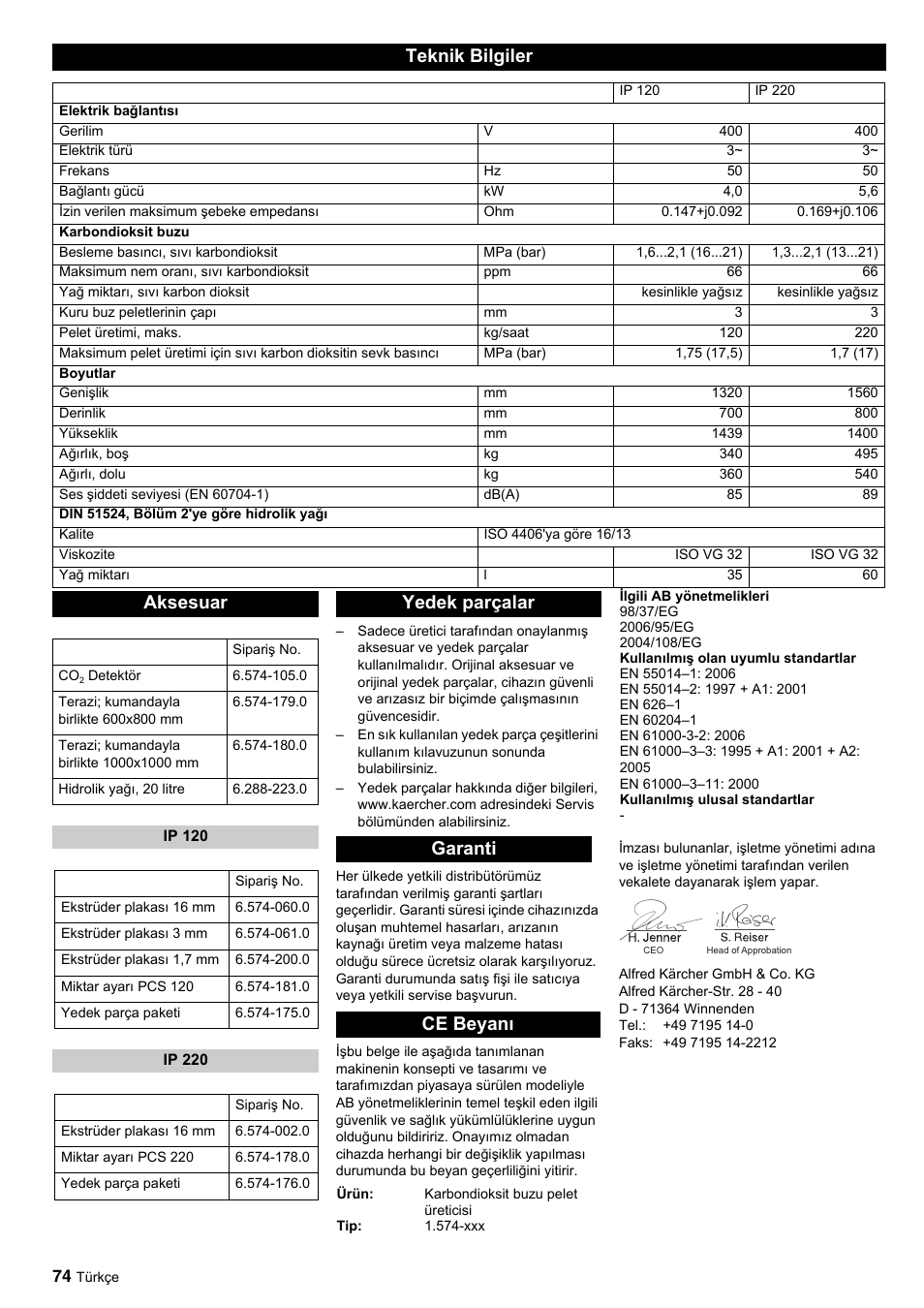 Teknik bilgiler, Aksesuar, Yedek parçalar garanti ce beyanı | Karcher IP 120 User Manual | Page 74 / 157