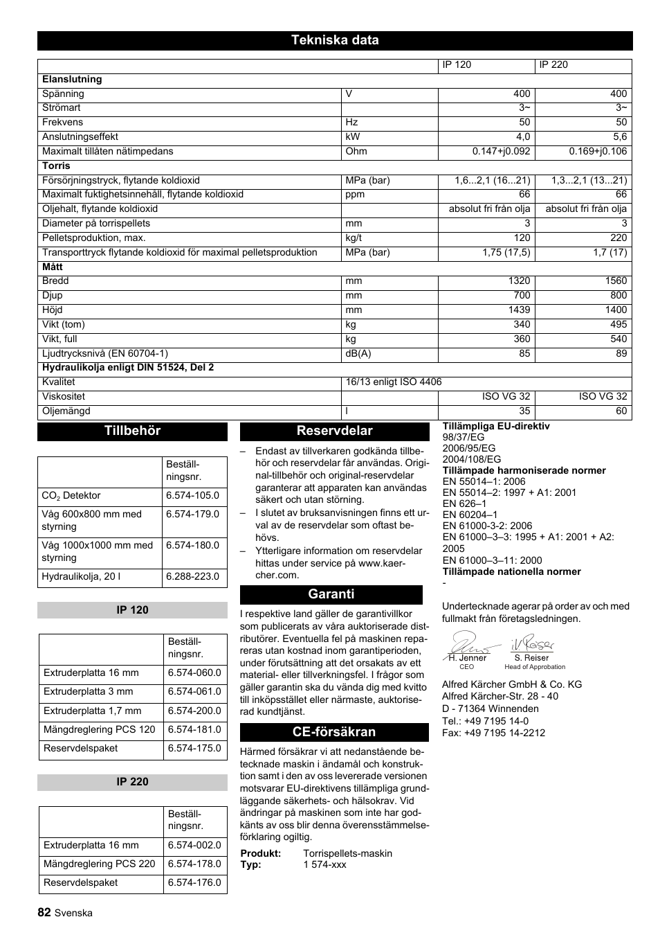 Tekniska data, Tillbehör, Reservdelar garanti ce-försäkran | Karcher IP 120 User Manual | Page 82 / 157