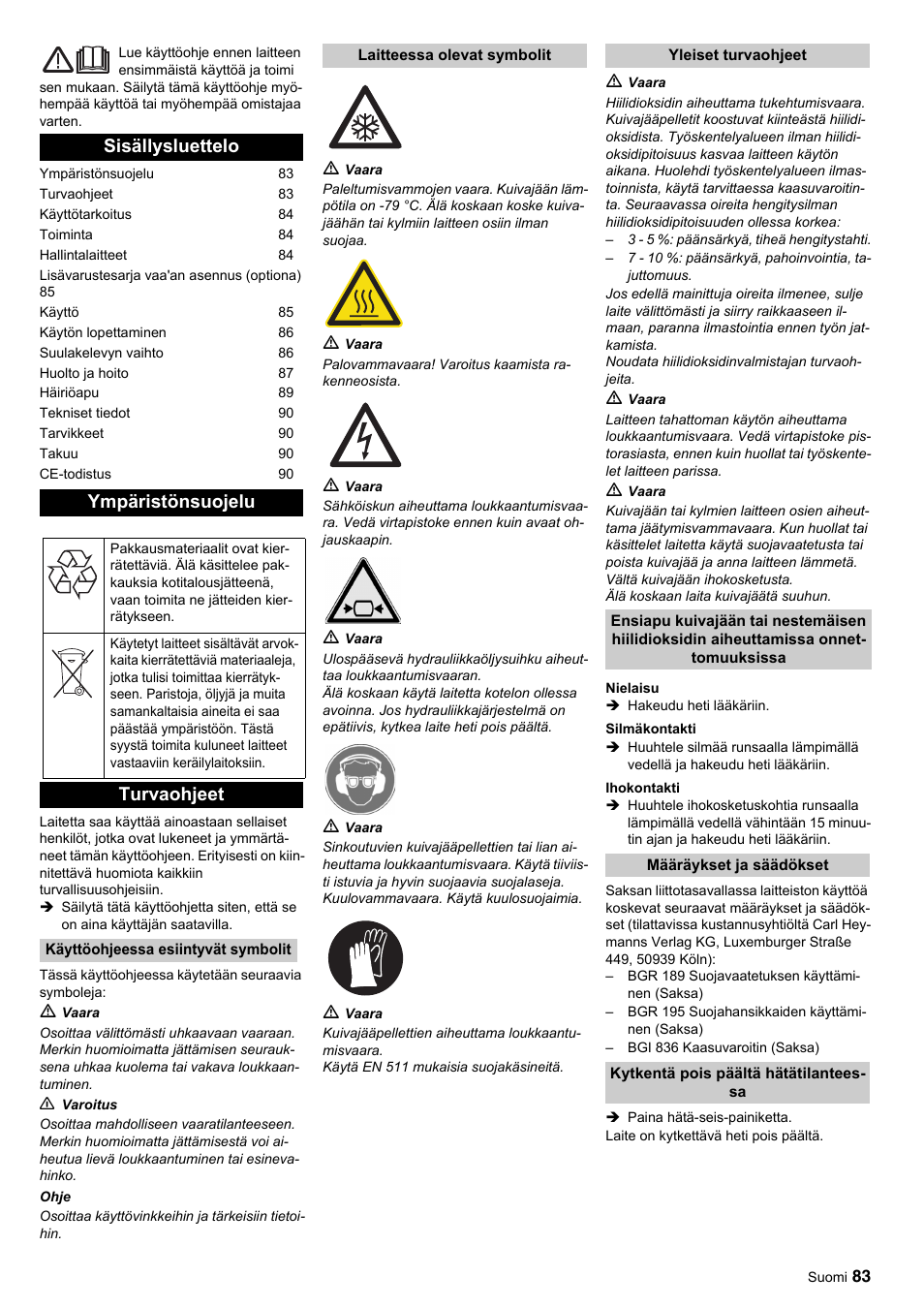 Sisällysluettelo ympäristönsuojelu, Turvaohjeet | Karcher IP 120 User Manual | Page 83 / 157