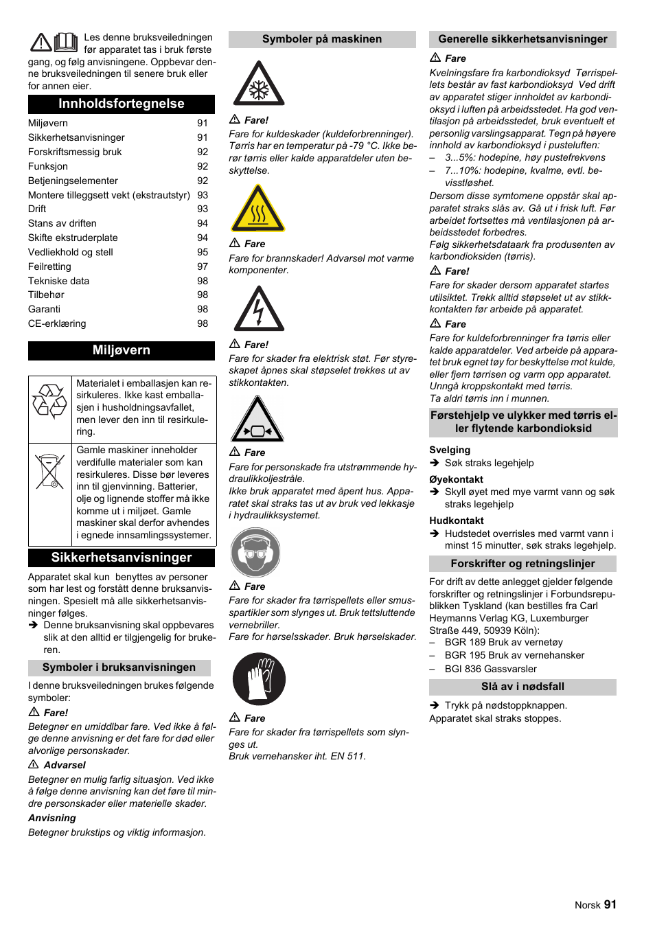 Innholdsfortegnelse miljøvern, Sikkerhetsanvisninger | Karcher IP 120 User Manual | Page 91 / 157