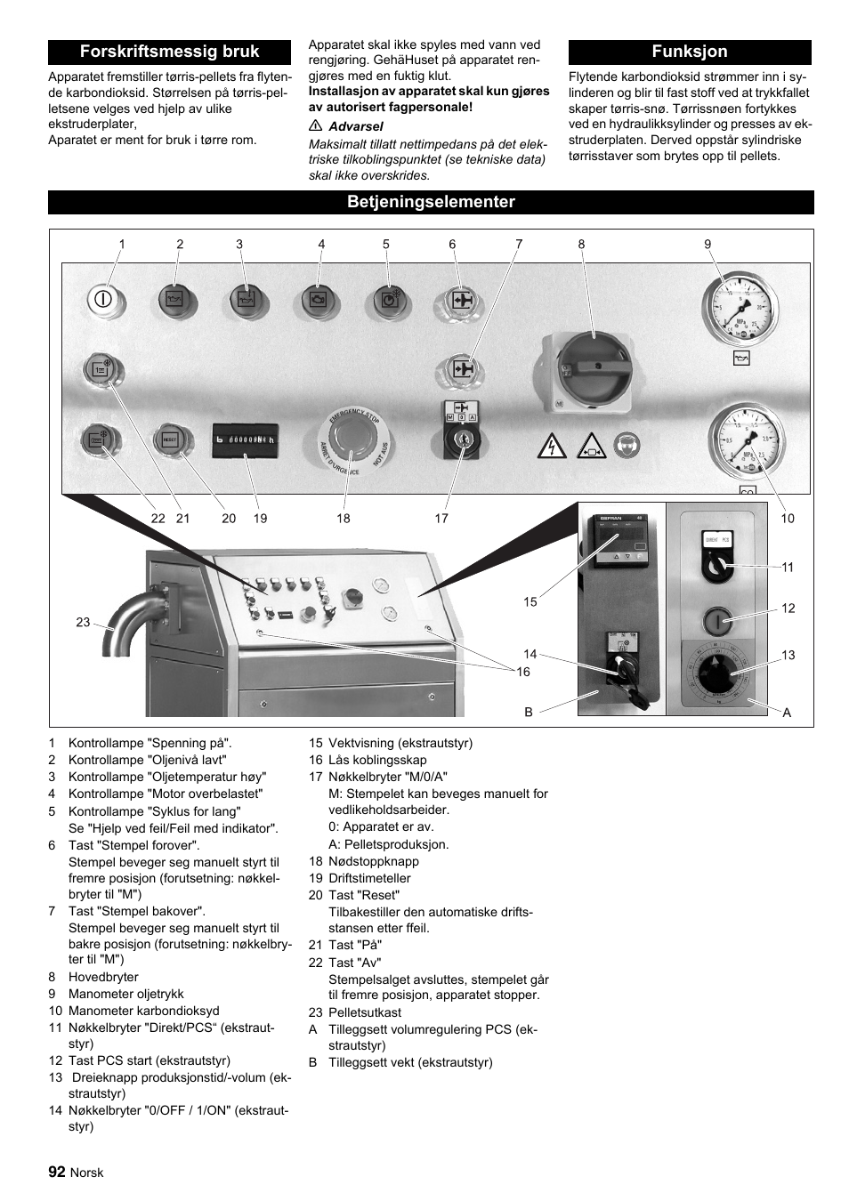 Forskriftsmessig bruk funksjon betjeningselementer | Karcher IP 120 User Manual | Page 92 / 157