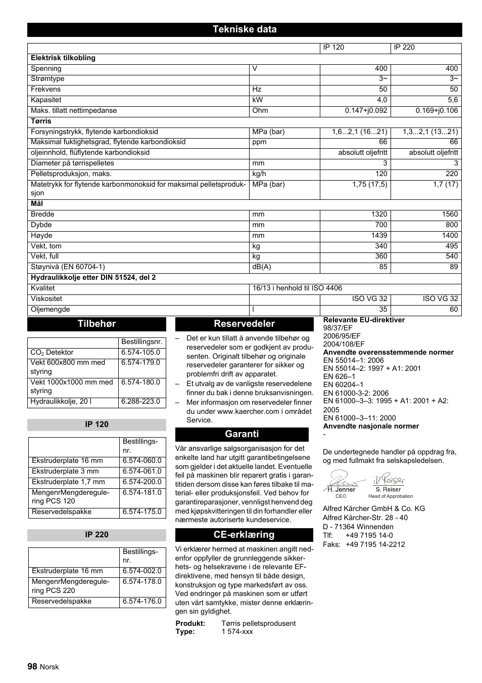 Tekniske data, Tilbehør, Reservedeler garanti ce-erklæring | Karcher IP 120 User Manual | Page 98 / 157