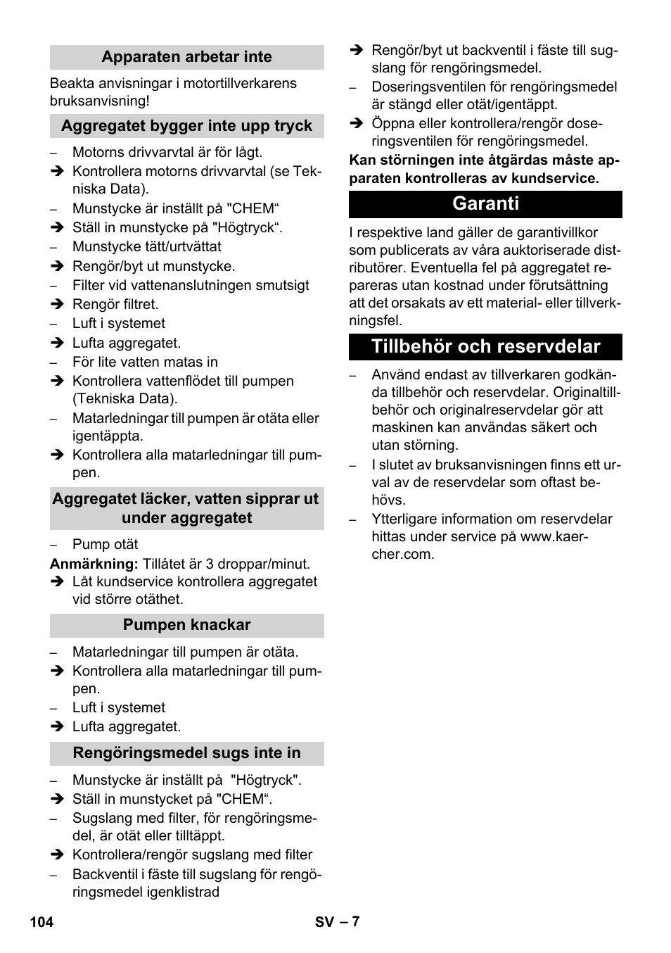 Garanti tillbehör och reservdelar | Karcher HD 1050 B User Manual | Page 104 / 276