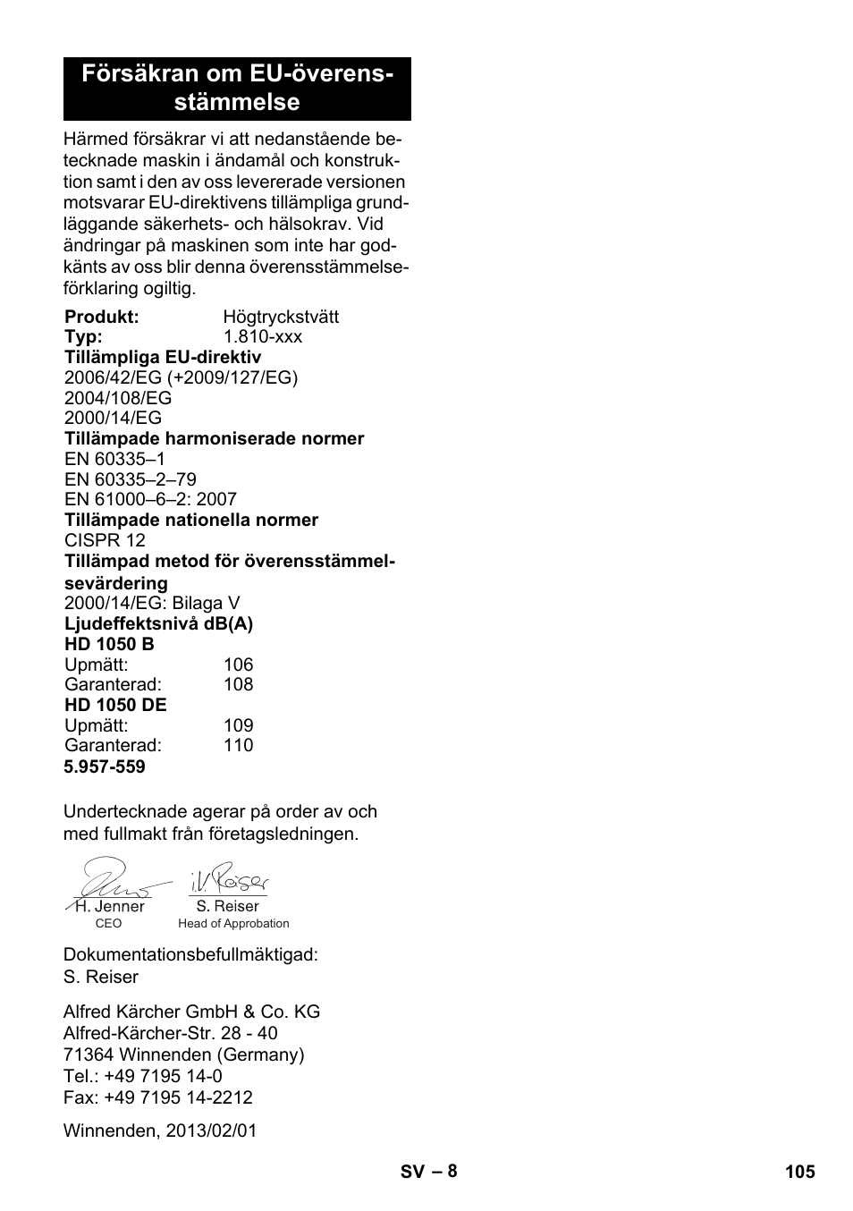 Försäkran om eu-överens- stämmelse | Karcher HD 1050 B User Manual | Page 105 / 276