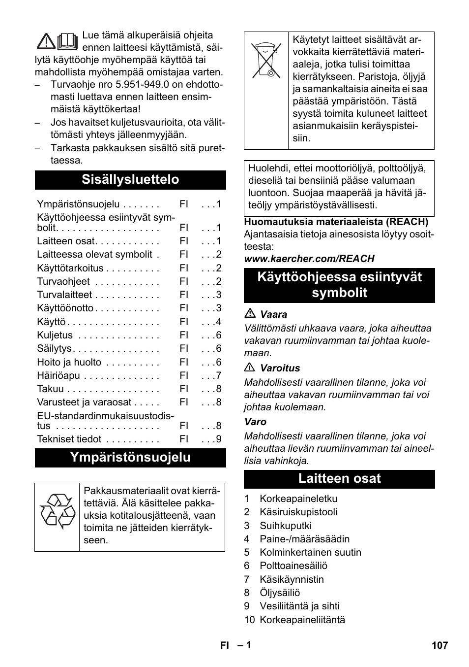 Suomi, Sisällysluettelo, Ympäristönsuojelu | Käyttöohjeessa esiintyvät symbolit laitteen osat | Karcher HD 1050 B User Manual | Page 107 / 276