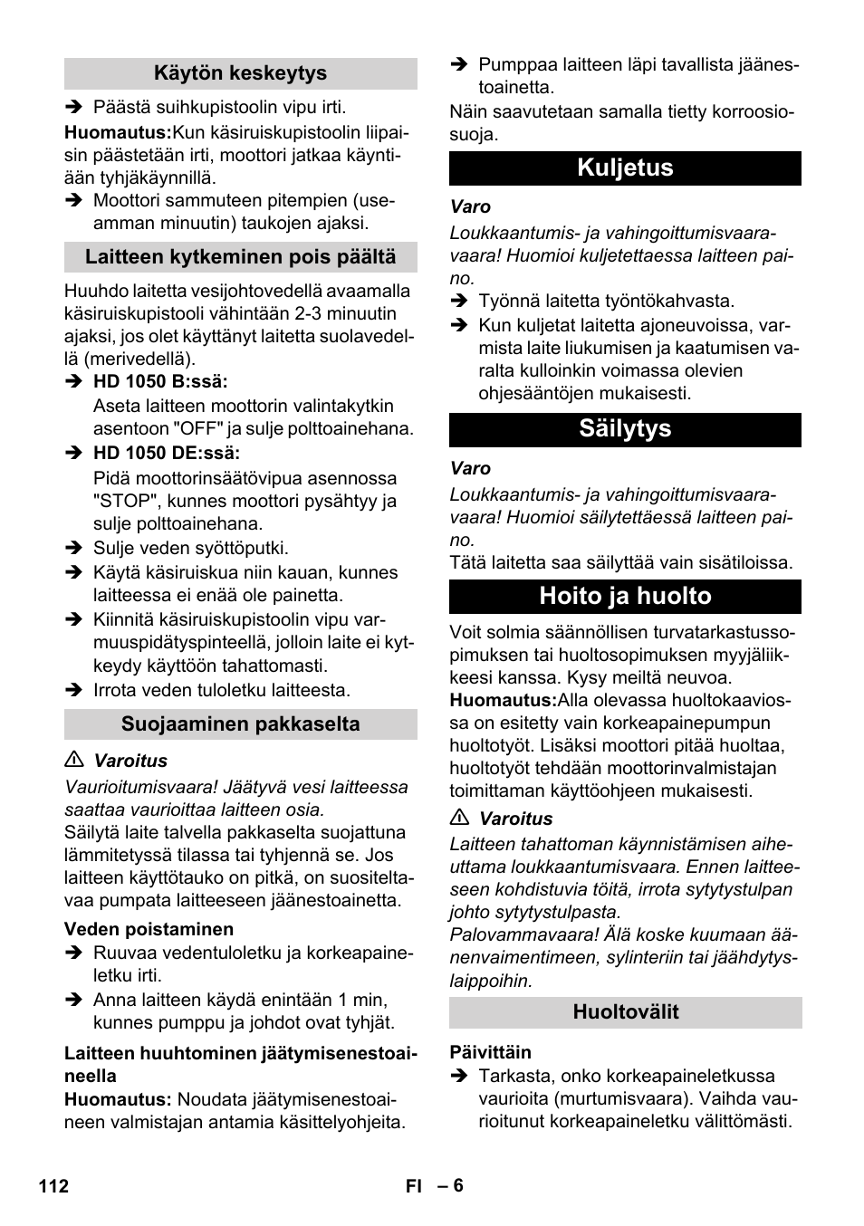 Kuljetus säilytys hoito ja huolto | Karcher HD 1050 B User Manual | Page 112 / 276