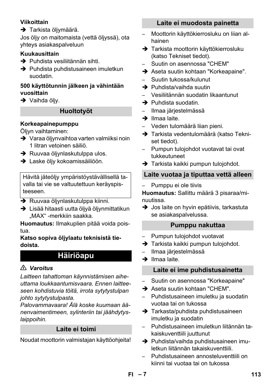 Häiriöapu | Karcher HD 1050 B User Manual | Page 113 / 276