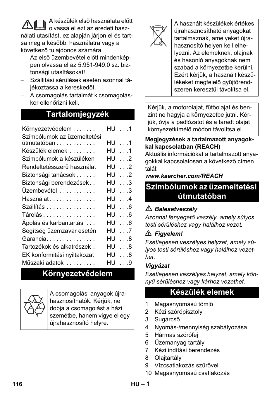 Magyar, Tartalomjegyzék, Környezetvédelem | Karcher HD 1050 B User Manual | Page 116 / 276