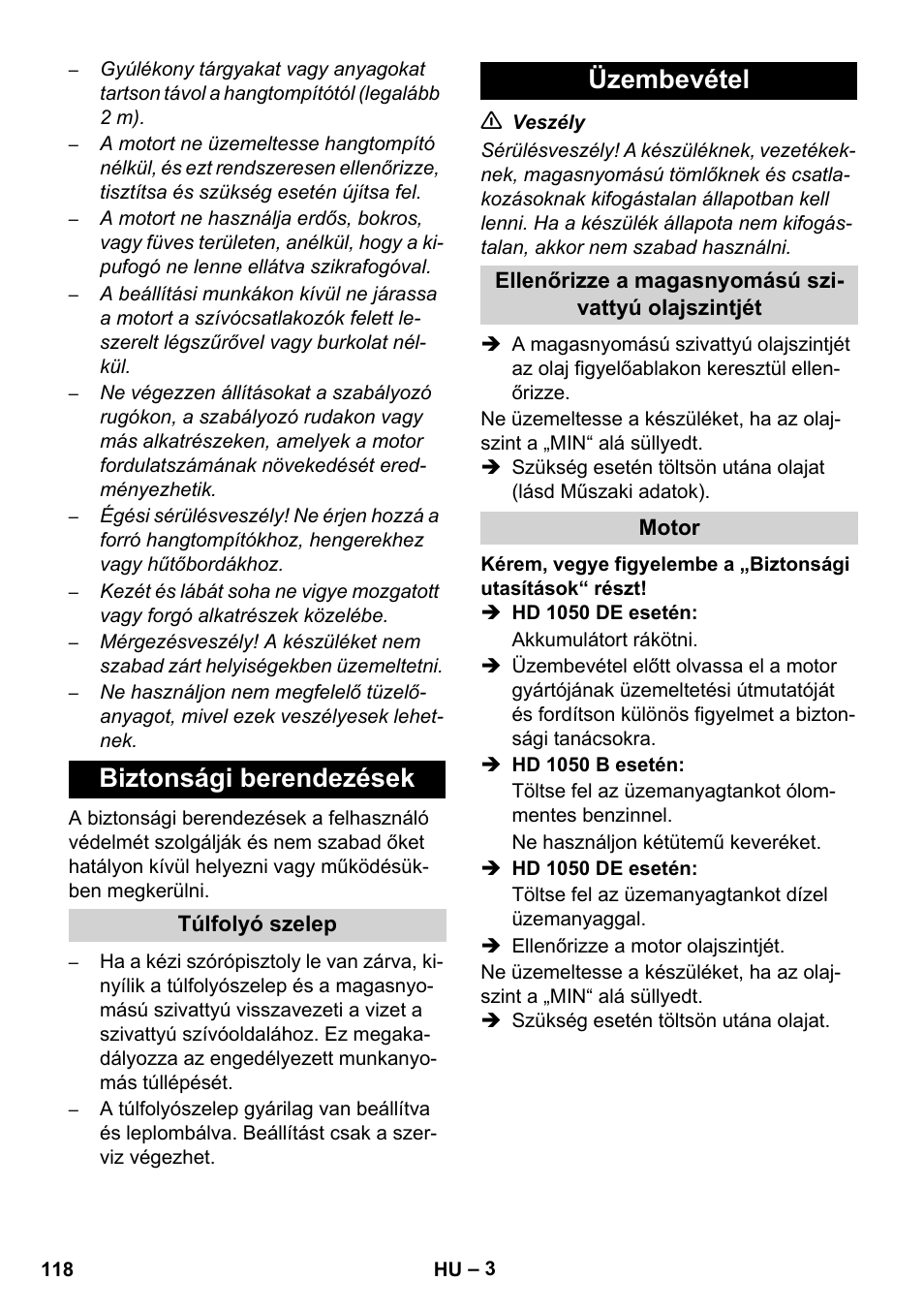 Biztonsági berendezések, Üzembevétel | Karcher HD 1050 B User Manual | Page 118 / 276