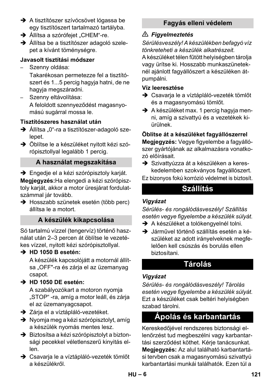 Szállítás tárolás ápolás és karbantartás | Karcher HD 1050 B User Manual | Page 121 / 276