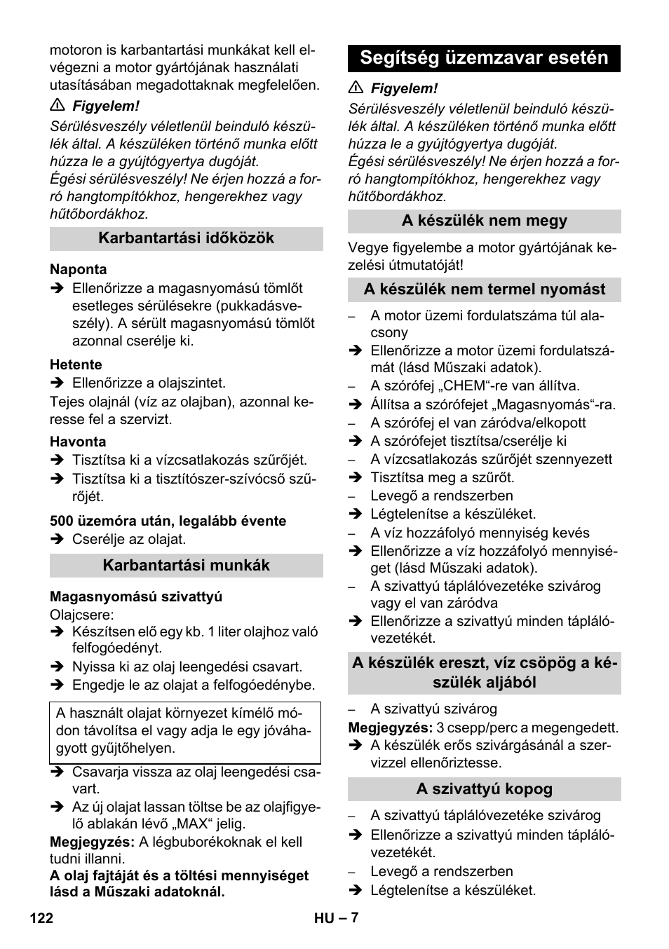 Segítség üzemzavar esetén | Karcher HD 1050 B User Manual | Page 122 / 276