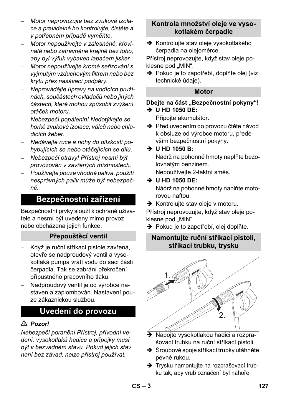 Bezpečnostní zařízení, Uvedení do provozu | Karcher HD 1050 B User Manual | Page 127 / 276