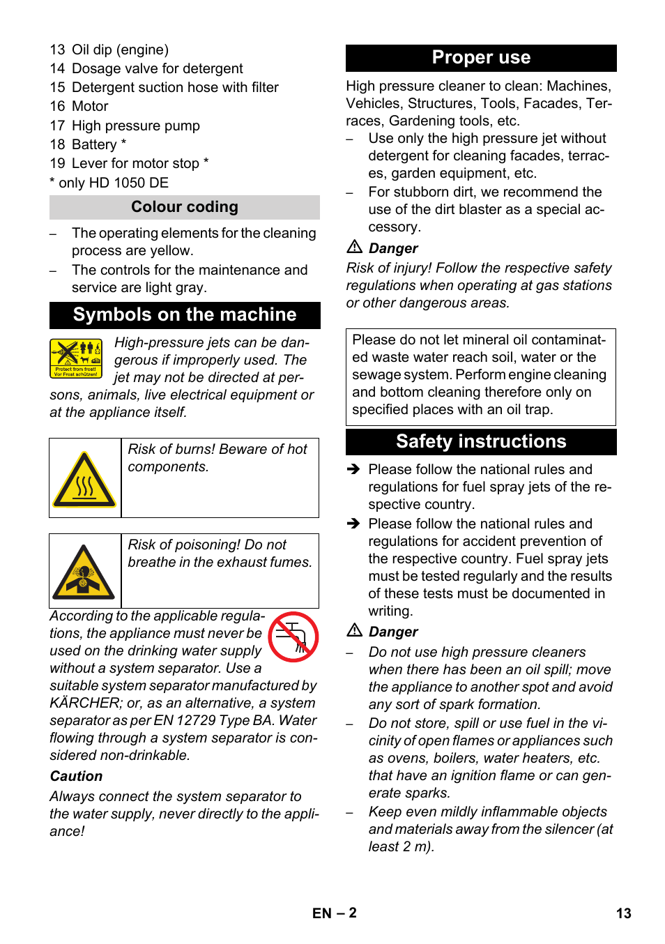 Symbols on the machine, Proper use, Safety instructions | Karcher HD 1050 B User Manual | Page 13 / 276