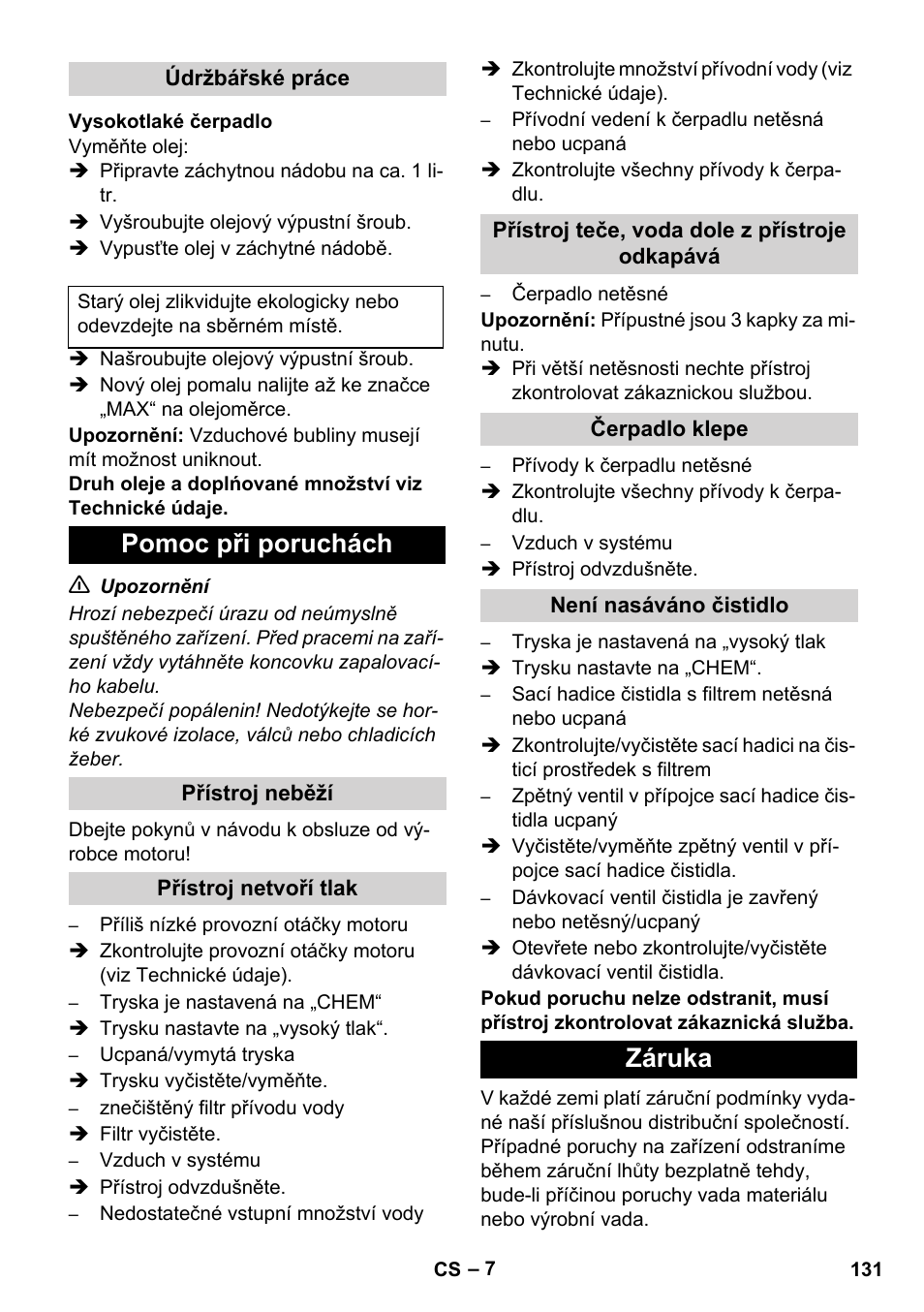 Pomoc při poruchách, Záruka | Karcher HD 1050 B User Manual | Page 131 / 276