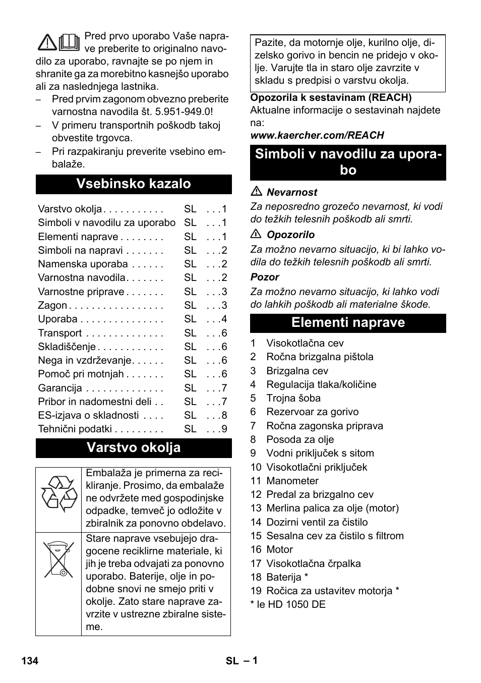 Slovenščina, Vsebinsko kazalo, Varstvo okolja | Simboli v navodilu za upora- bo elementi naprave | Karcher HD 1050 B User Manual | Page 134 / 276