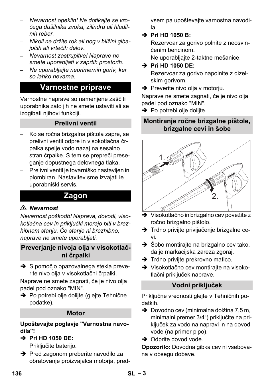 Varnostne priprave, Zagon | Karcher HD 1050 B User Manual | Page 136 / 276