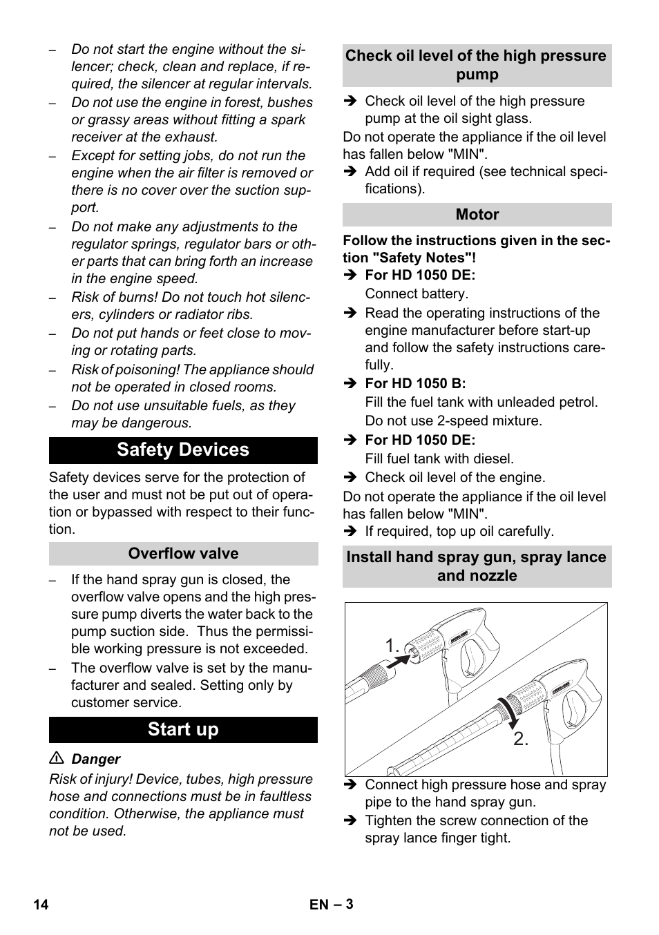 Safety devices, Start up | Karcher HD 1050 B User Manual | Page 14 / 276