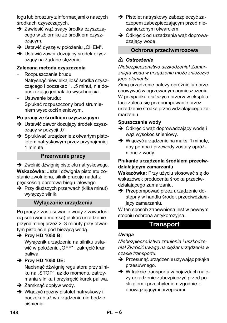 Transport | Karcher HD 1050 B User Manual | Page 148 / 276