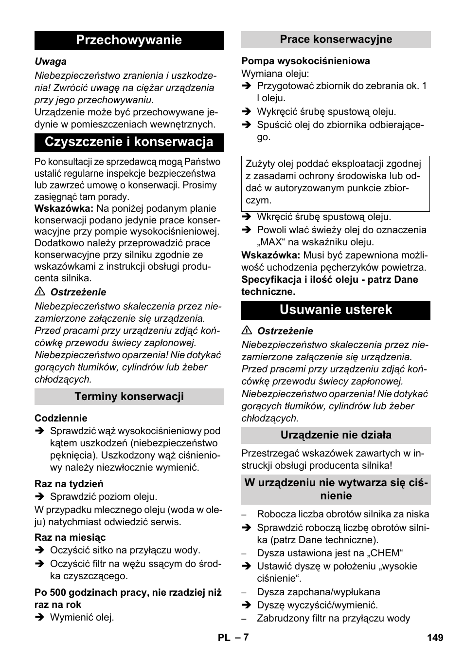 Przechowywanie czyszczenie i konserwacja, Usuwanie usterek | Karcher HD 1050 B User Manual | Page 149 / 276