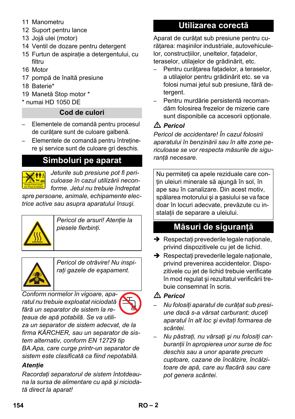 Simboluri pe aparat, Utilizarea corectă, Măsuri de siguranţă | Karcher HD 1050 B User Manual | Page 154 / 276