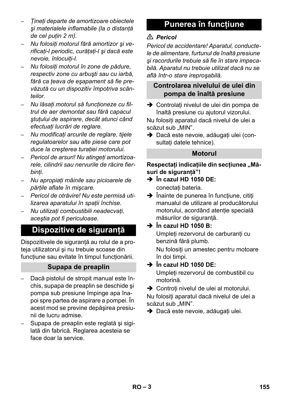 Dispozitive de siguranţă, Punerea în funcţiune | Karcher HD 1050 B User Manual | Page 155 / 276