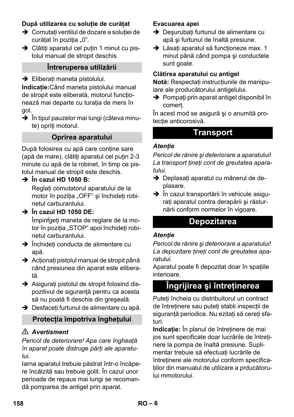 Transport depozitarea îngrijirea şi întreţinerea | Karcher HD 1050 B User Manual | Page 158 / 276