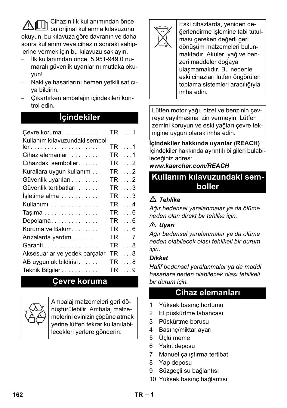 Türkçe, Içindekiler, Çevre koruma | Karcher HD 1050 B User Manual | Page 162 / 276