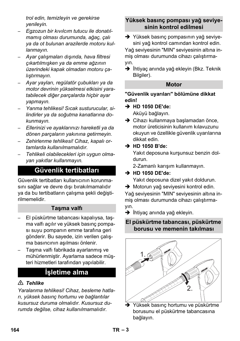 Güvenlik tertibatları, Işletime alma | Karcher HD 1050 B User Manual | Page 164 / 276