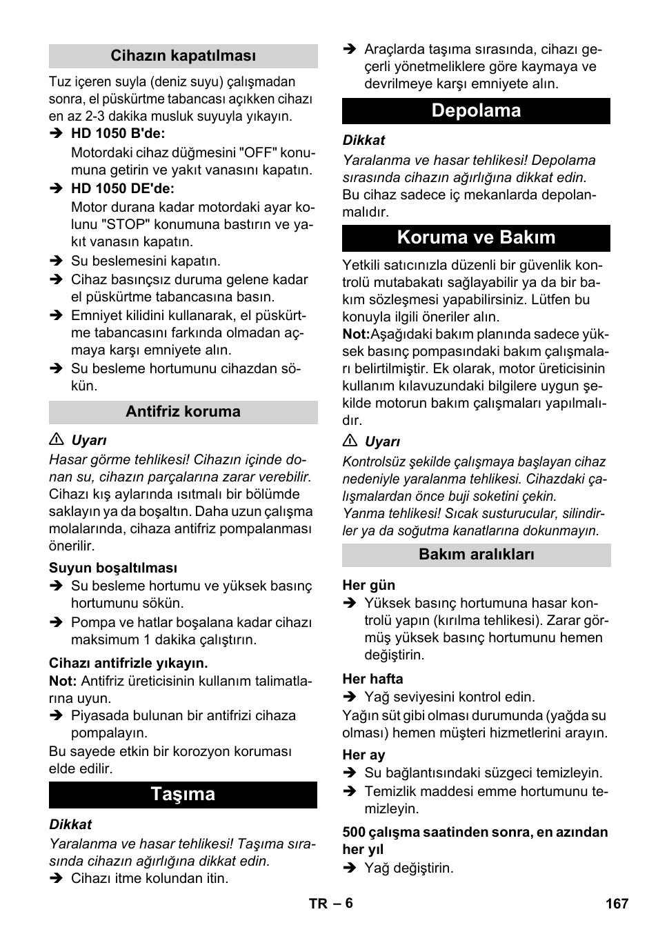 Taşıma depolama koruma ve bakım | Karcher HD 1050 B User Manual | Page 167 / 276