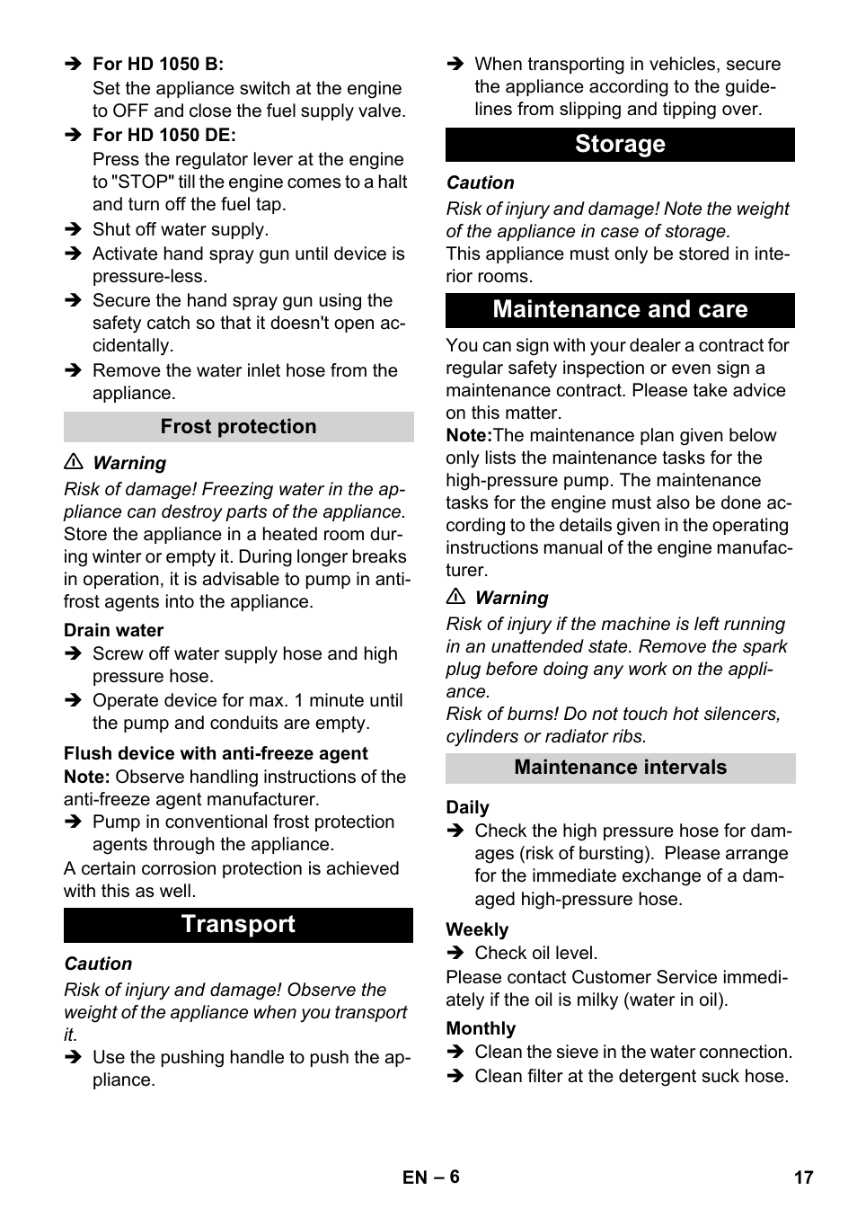 Transport storage maintenance and care | Karcher HD 1050 B User Manual | Page 17 / 276