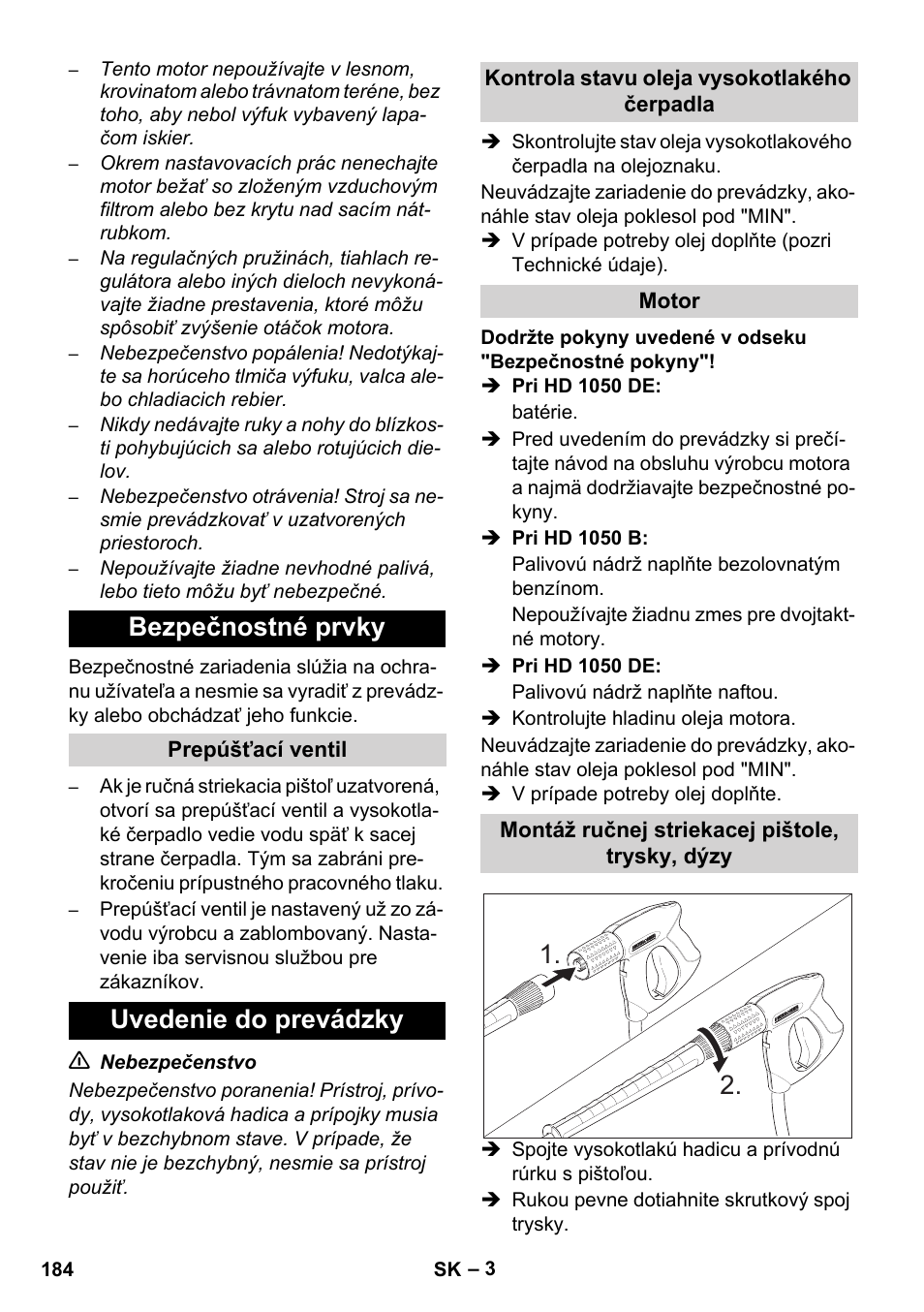 Bezpečnostné prvky, Uvedenie do prevádzky | Karcher HD 1050 B User Manual | Page 184 / 276