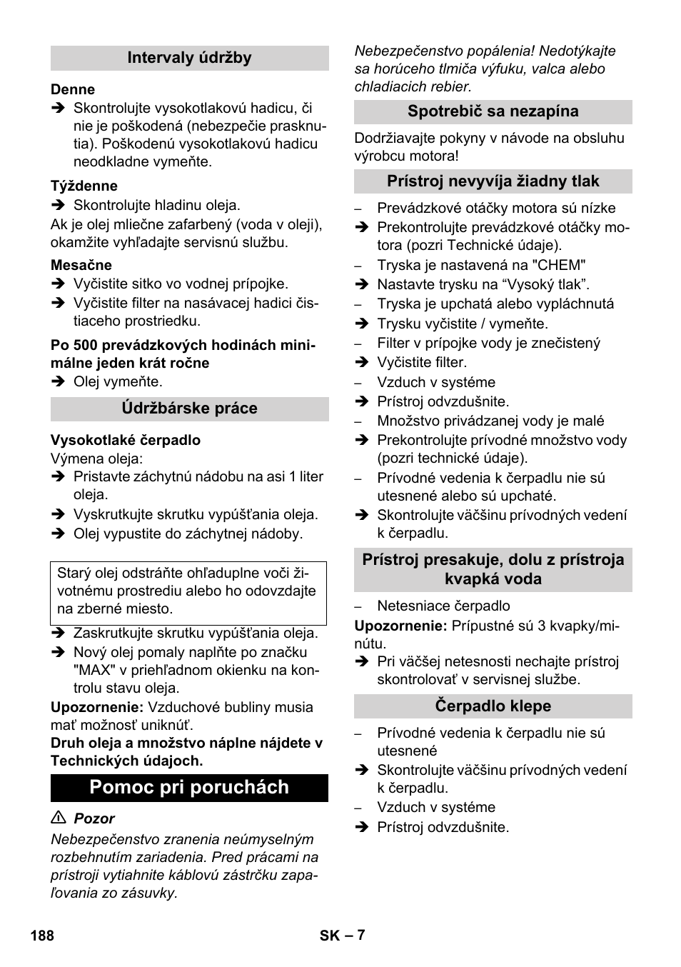 Pomoc pri poruchách | Karcher HD 1050 B User Manual | Page 188 / 276