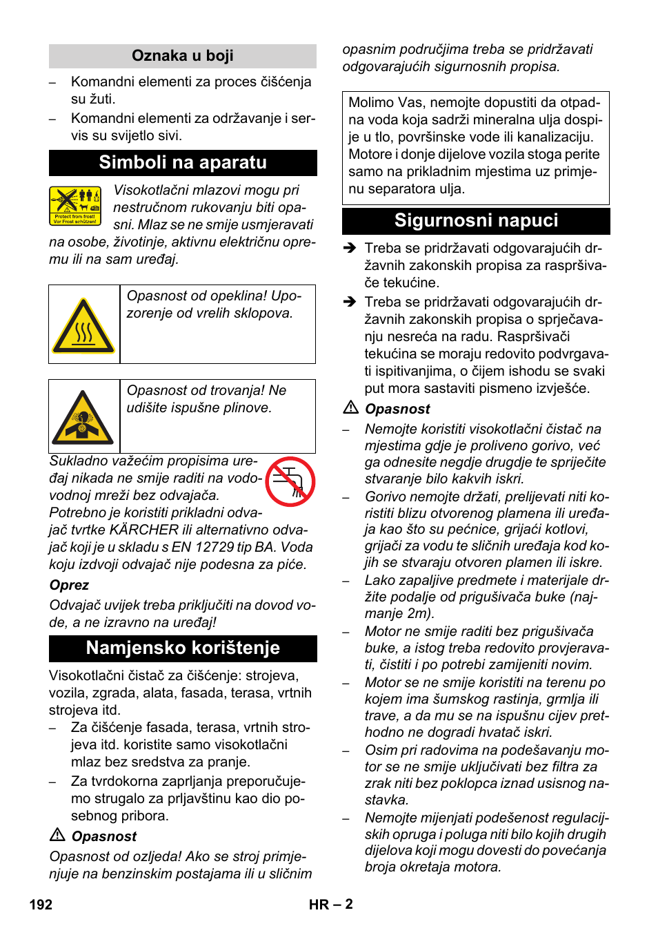 Simboli na aparatu, Namjensko korištenje, Sigurnosni napuci | Karcher HD 1050 B User Manual | Page 192 / 276