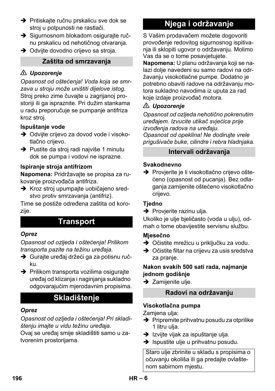 Transport skladištenje njega i održavanje | Karcher HD 1050 B User Manual | Page 196 / 276