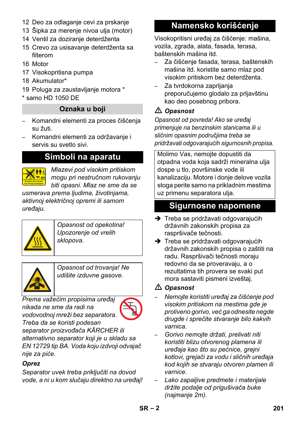 Simboli na aparatu, Namensko korišćenje, Sigurnosne napomene | Karcher HD 1050 B User Manual | Page 201 / 276