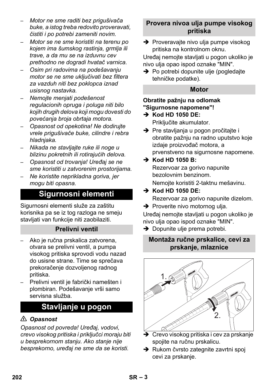 Sigurnosni elementi, Stavljanje u pogon | Karcher HD 1050 B User Manual | Page 202 / 276