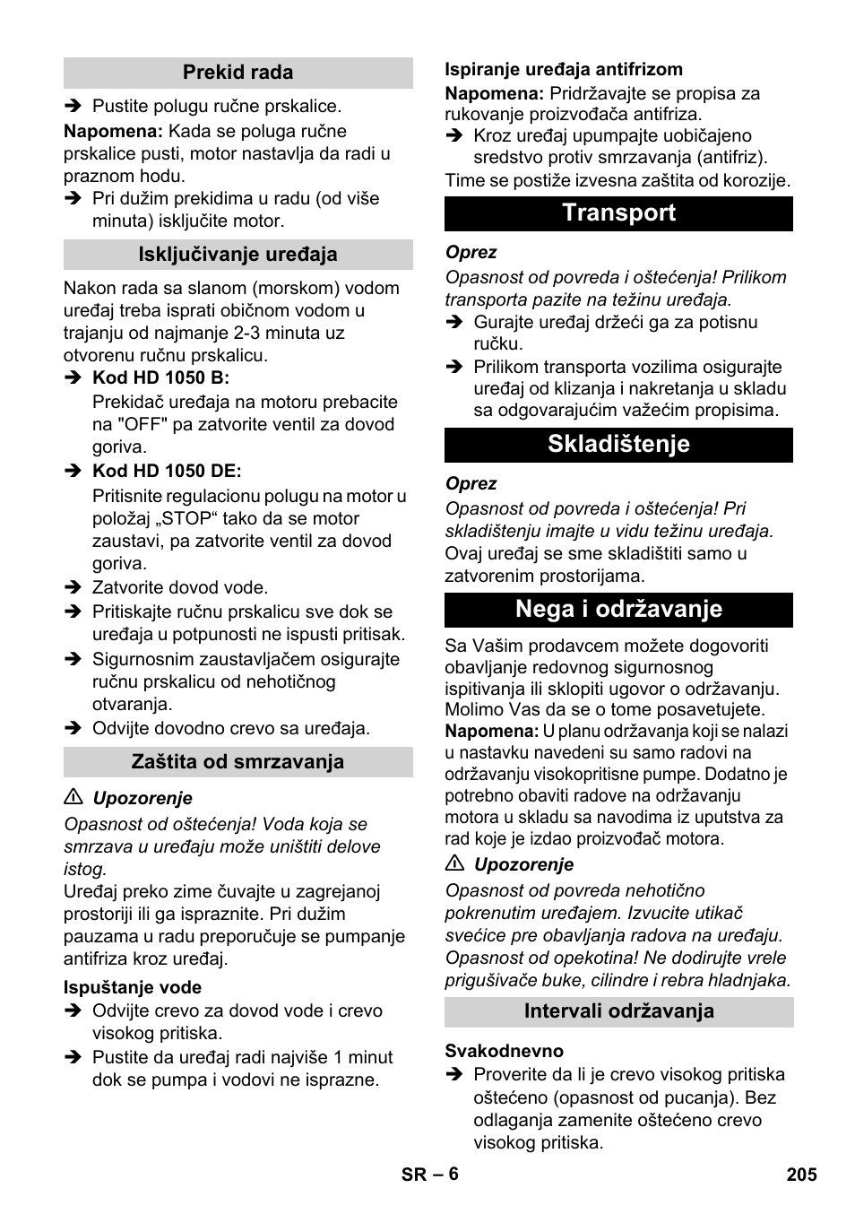 Transport skladištenje nega i održavanje | Karcher HD 1050 B User Manual | Page 205 / 276