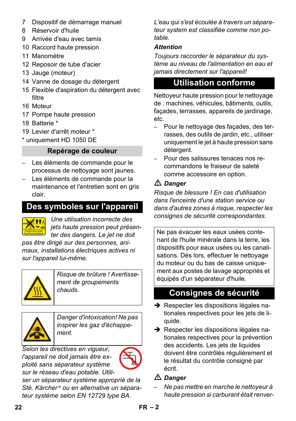 Des symboles sur l'appareil, Utilisation conforme, Consignes de sécurité | Karcher HD 1050 B User Manual | Page 22 / 276