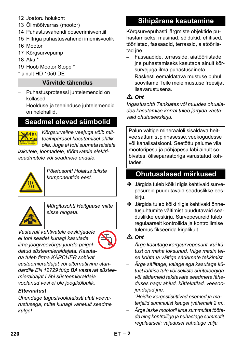 Seadmel olevad sümbolid, Sihipärane kasutamine, Ohutusalased märkused | Karcher HD 1050 B User Manual | Page 220 / 276