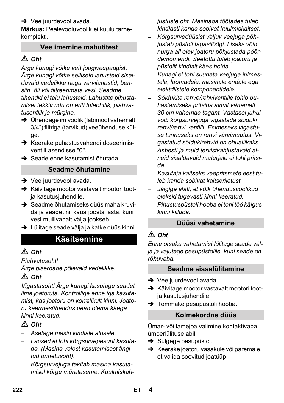 Käsitsemine | Karcher HD 1050 B User Manual | Page 222 / 276